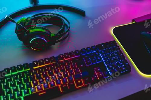 Preview: Gaming Keyboard with Neon Lights and Headphones