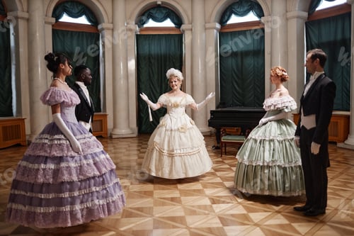Preview: Woman Wearing Ballgown Inviting Couples to Dance in Palace