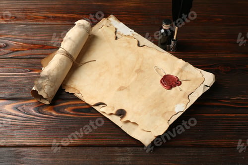 Preview: Old paper scrolls, feather and inkwell on wooden table