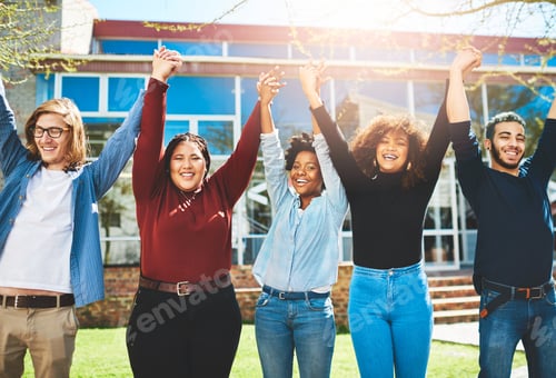 Preview: Cropped portrait of a diverse group of college friends standing outside with their arms raised