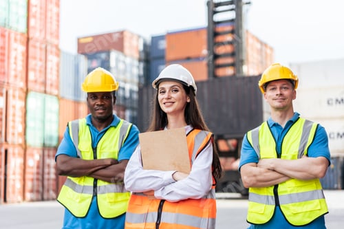 Preview: Portrait group of male and female worker working in container terminal.