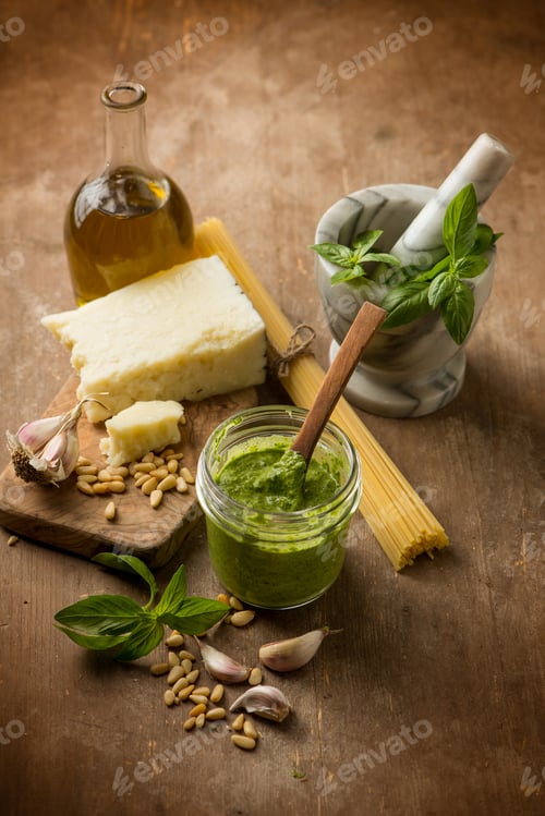 Preview: traditional italian pesto with raw spaghetti and ingredients