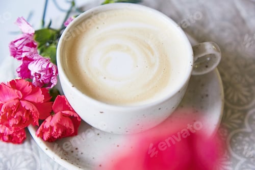 Preview: Aesthetic hygge beige pastel cup of cappuccino with flowers. Cozy home