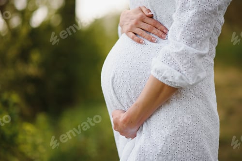 Preview: Close-up of pregnant woman with hands on her belly on nature background.