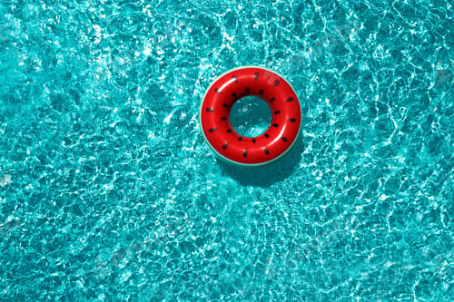 Preview: Inflatable ring floating in swimming pool, top view with space for text. Summer vacation