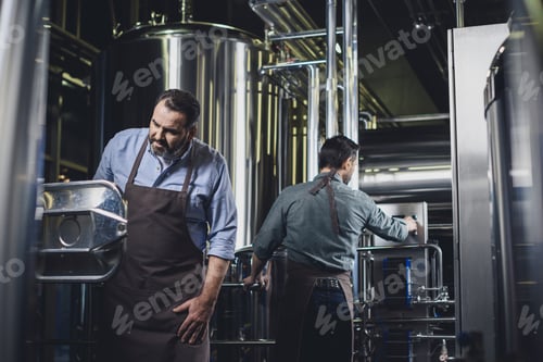 Preview: Male brewers in aprons working with industrial equipment at the brewery