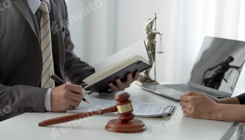 Preview: Business woman and lawyers discussing contract papers with brass scale on wooden desk in office. Law
