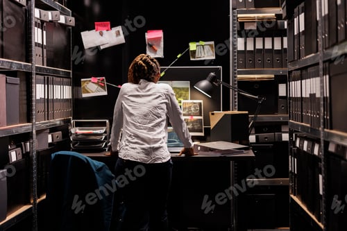Preview: Woman private detective studying crime case board on wall
