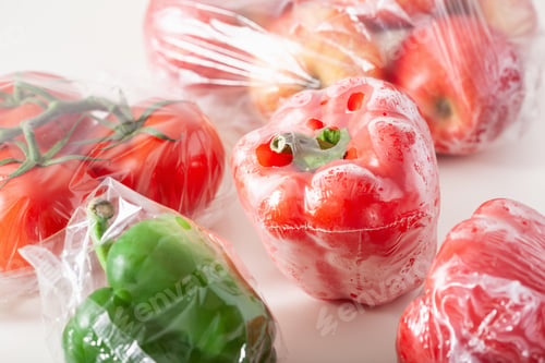Preview: single use plastic packaging issue. peppers tomatoes apples vegetables in plastic bags