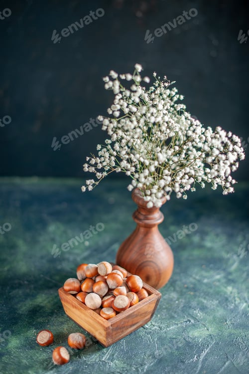 Preview: front view fresh hazelnuts on dark-blue background nut cips photo snack shell walnut peanut colors