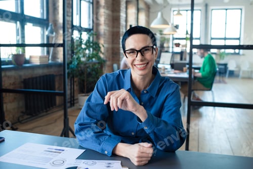 Preview: Successful businesswoman sitting at office