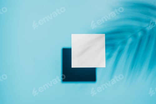 Preview: Creative podium white stone tiles blue background bright sun and shadows from a plant branch, mockup