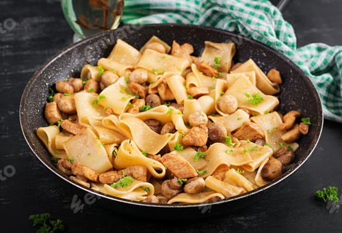 Preview: Pasta Calamarata with chicken meat, mushrooms and soy sauce. Italian cuisine.