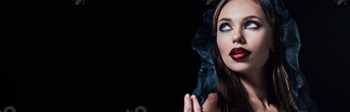 Preview: panoramic shot of scary vampire girl in black gothic dress and veil looking away isolated on black