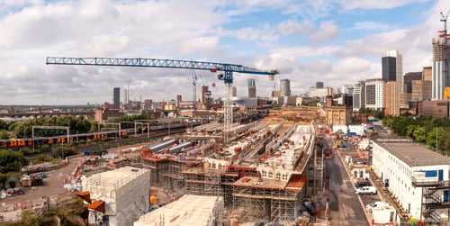 Preview: Aerial view of a Birmingham cityscape skyline and HS2 construction site at Curzon Street