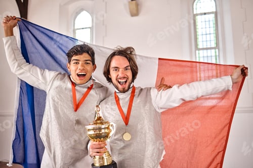 Preview: Fencing, France flag and portrait of men with trophy for winning competition, challenge and match.