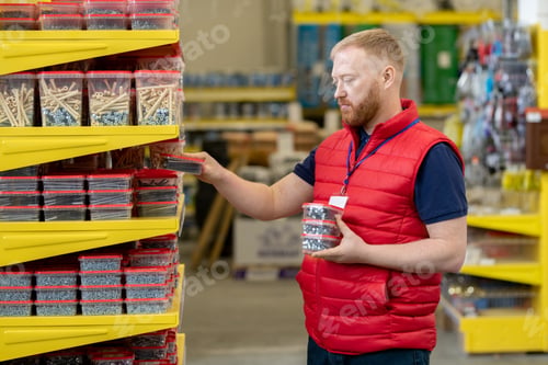 Preview: Bearded sales manager putting containers with nails on shelves