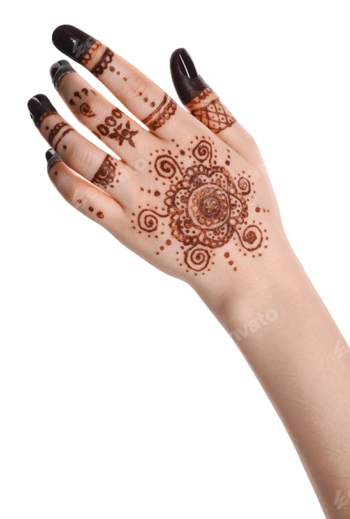 Preview: Woman with henna tattoo on hand against white background, closeup. Traditional mehndi ornament