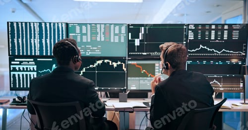Preview: Computer screen, finance and men with headset for stock market, financial analytics and trading rev
