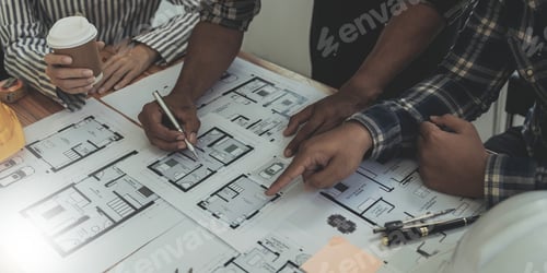 Preview: Engineer Teamwork Meeting, Drawing working on blueprint meeting for project working with partner on