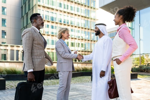 Preview: Group of multiethnic business people meeting an emirati businessman