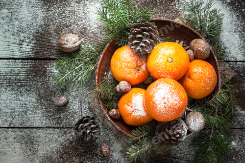 Preview: Tangerines, fir tree, pinecones and nuts. Christmas food decorations