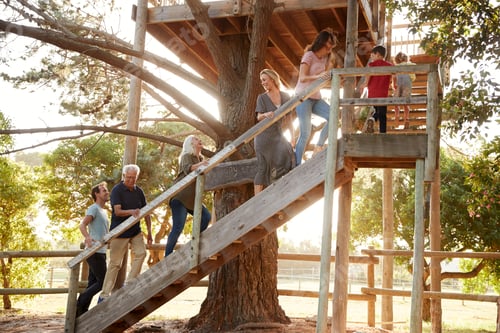 Preview: Multi-Generation Family Climbing Outdoor Wooden Platform To Tree House In Garden