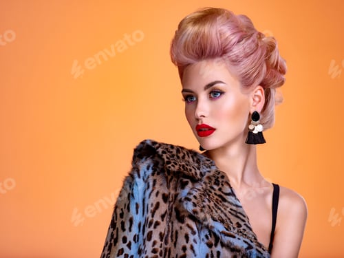 Preview: Beautiful woman with style hairstyle. White woman with bright colored makeup.