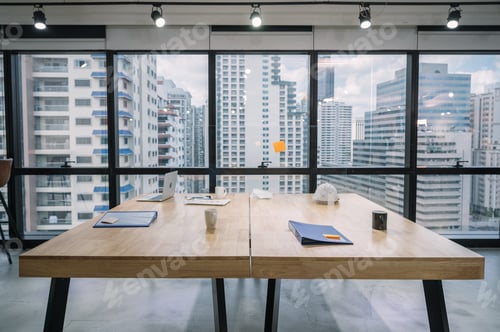 Preview: Interior of laptop, business file, glass, business paper, safety helmet put on wooden desk