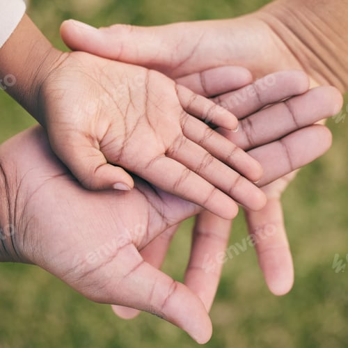 Preview: Hands stack close up, kid and parents for bonding, love or support in summer on vacation at park. H