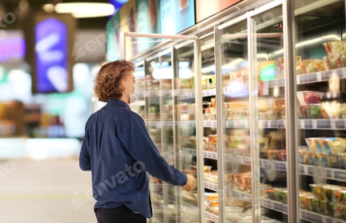Preview: Supermarket Shopping, Face Mask And Gloves,Young Man Shopping In Supermarket, Reading Product