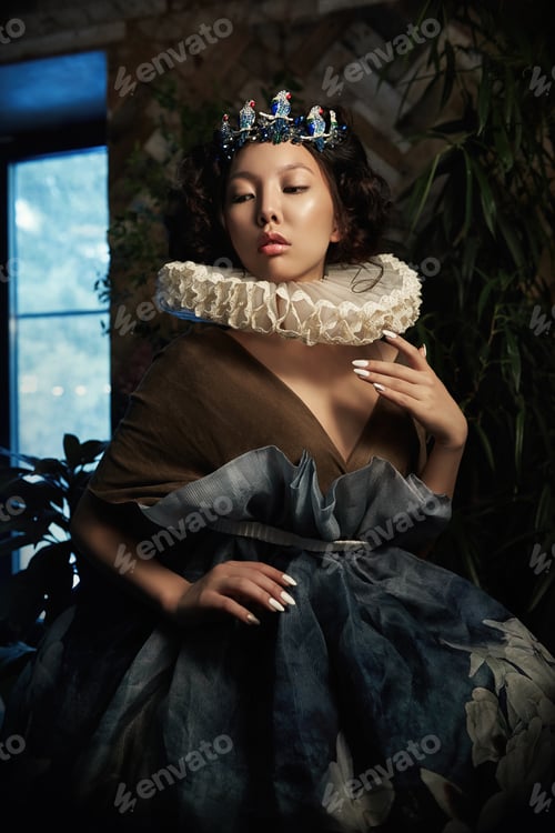 Preview: Art portrait of a girl Princess Queen in foliage and greenery, fabulous romantic image of an Asian