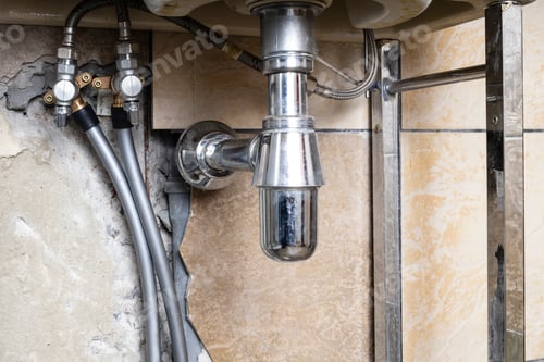 Preview: water pipes connected to valve of sink in bathroom