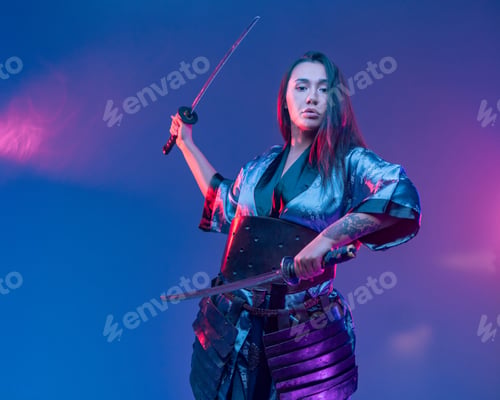 Preview: Cyberpunk style woman fighter with samurai swords
