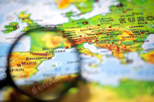 Preview: Close-up fragment of a world map with selective focus isolated on Barcelona, Spain