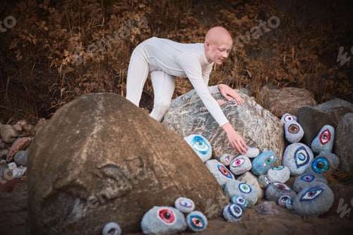 Preview: Young hairless girl with alopecia in white futuristic costume looking at surreal lot of rocks eyes