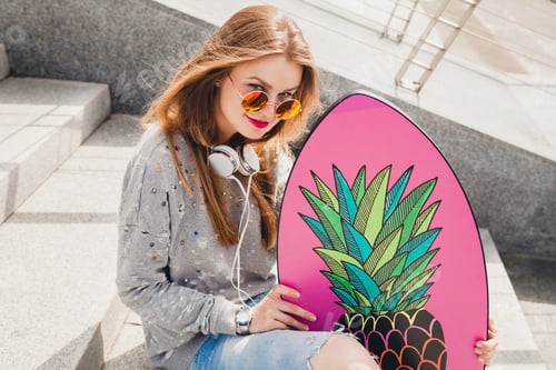 Preview: young hipster woman in street
