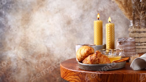 Preview: cup of coffee and croissant for breakfast still life