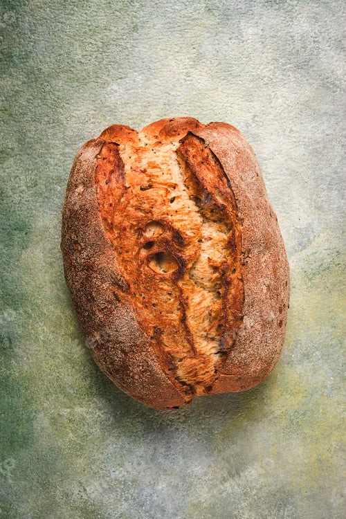 Preview: fresh bread ,sourdough, oval shape, top view, rustic style,