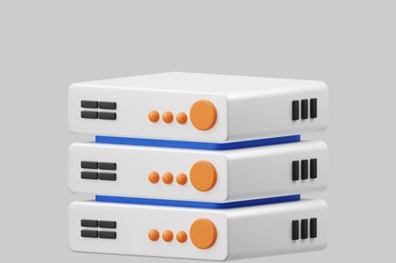 Vorschau: Stapel weißer Boxen mit blauem Streifen und orangefarbenen und schwarzen Elementen.