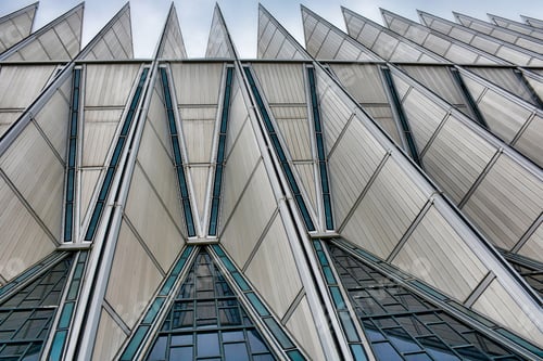 Preview: Low angle grayscale shot of the famous Air Force Academy Cadet Chapel in the United States