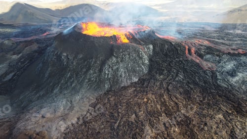 Preview: Landscape of lightening erupting Mauna Loa Volcano in Hawaii with smoke and hazy sky