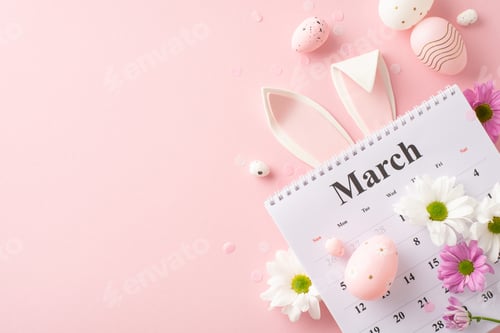 Preview: Glamorous Easter arrangement idea: shot from top view of colorful eggs, bunny ears