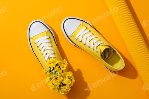 Preview: Yellow sneakers with flowers on a yellow background