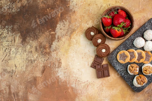 Preview: top view different sweets with cookies and fruits on a light desk fruit pie cake