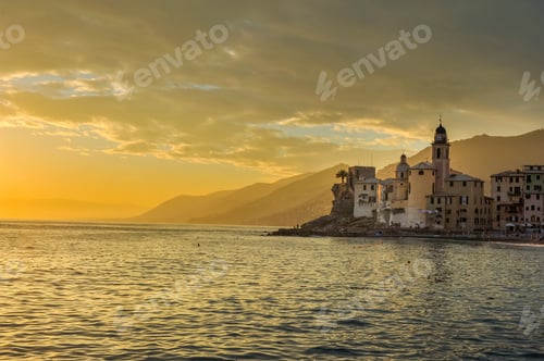 Preview: Camogli on the shores of the Mediterranean Sea in the rays of the sunset