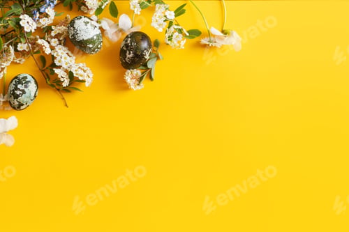 Preview: Happy Easter! Modern dyed eggs and spring blossom flat lay with space for text