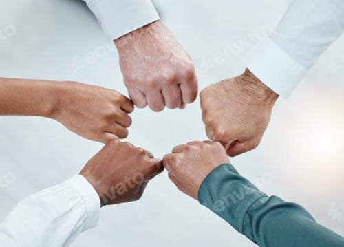 Preview: Teamwork, fist bump and hands of business people together for motivation, support and community. Co