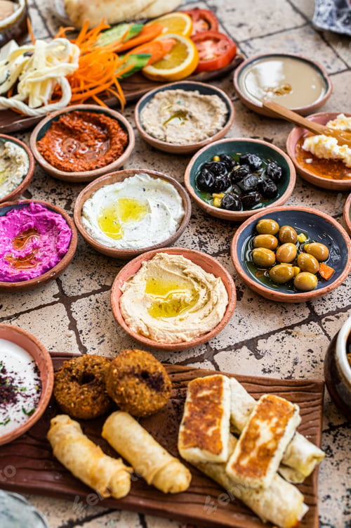 Preview: Delicious Turkish family breakfast table with pastries, vegetables, greens, spreads, cheeses,
