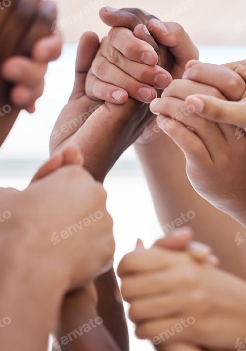 Preview: Praying, hand and people worship for peace, love and trust in God against blurred background. Churc